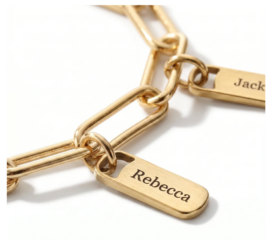 Personalized charm bracelet with names — silver, on a wrist