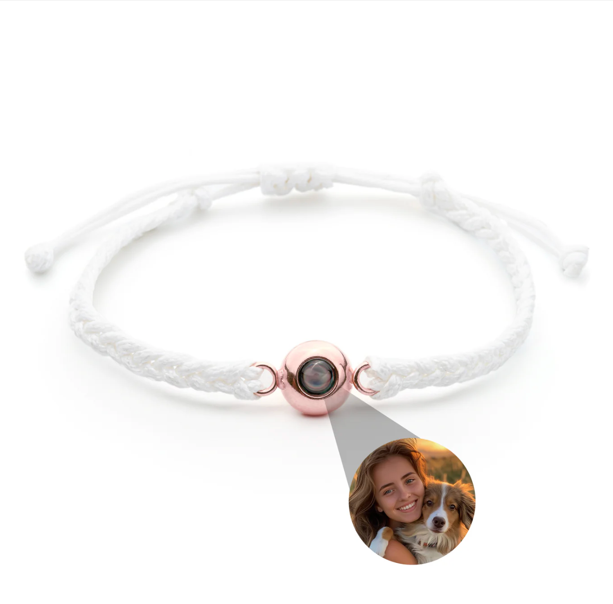 Photo projection bracelet — white cord, rose gold lens