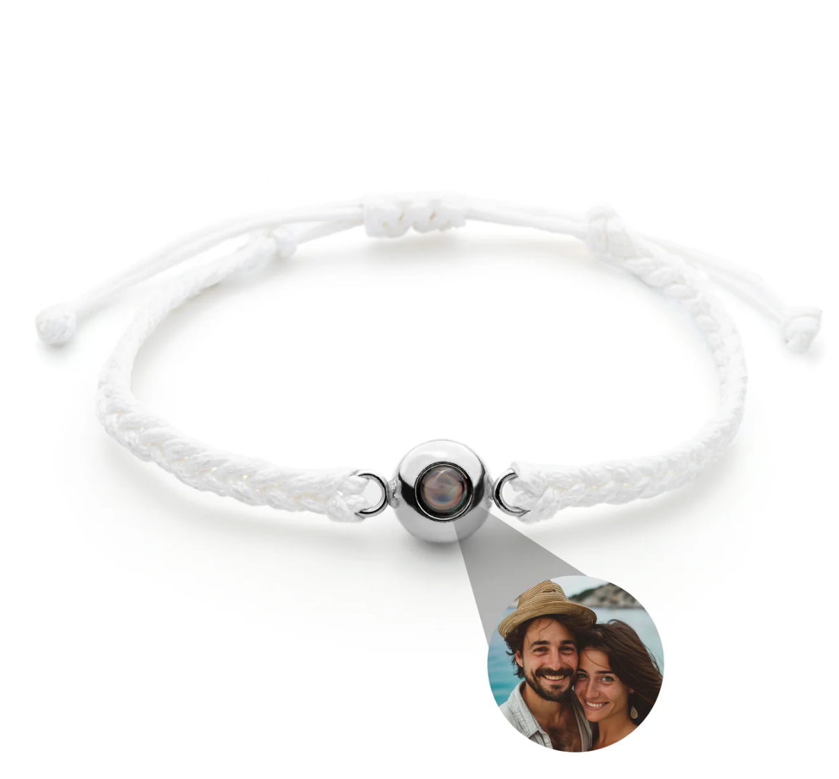 Photo projection bracelet — white cord, silver lens