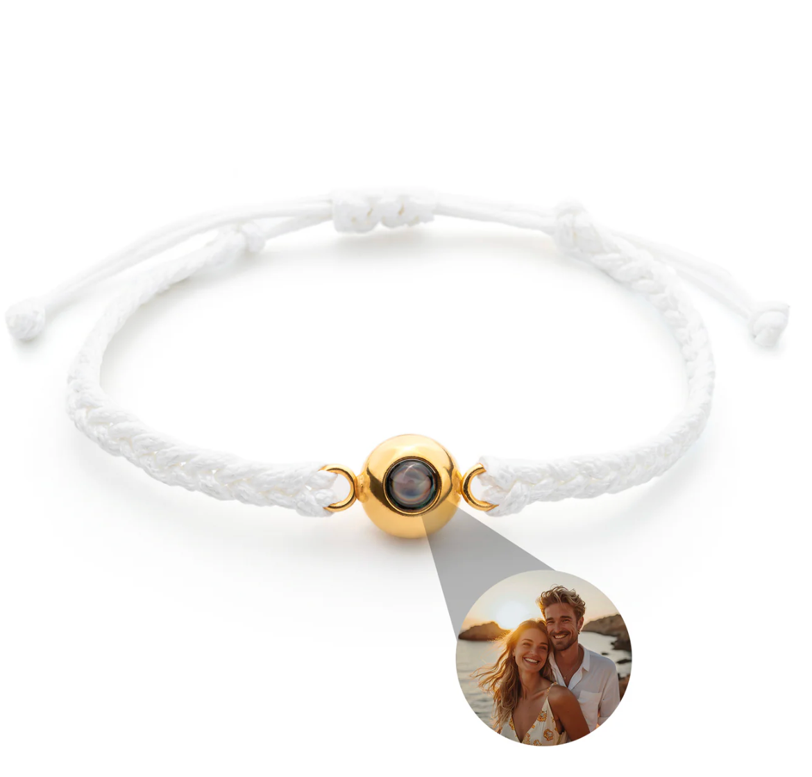 Photo projection bracelet — white cord, gold lens