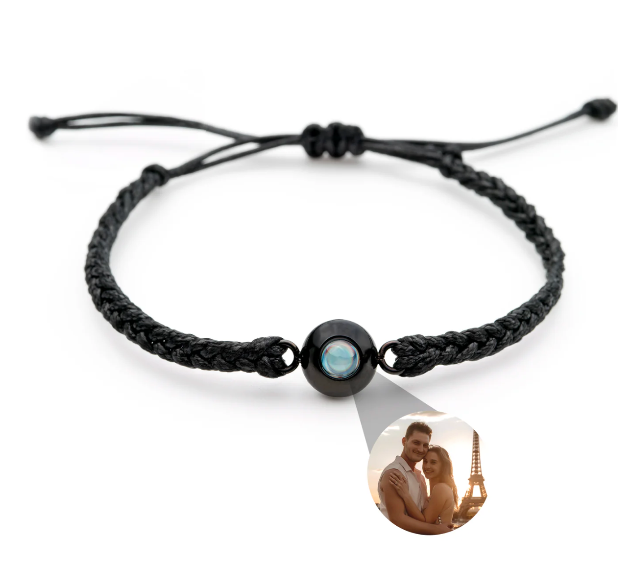 Photo projection bracelet — black cord, black lens