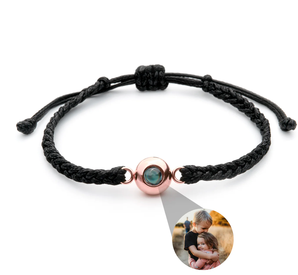 Photo projection bracelet — black cord, rose gold lens