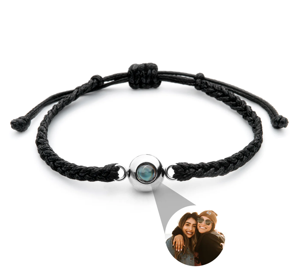 Photo projection bracelet — black cord, silver lens