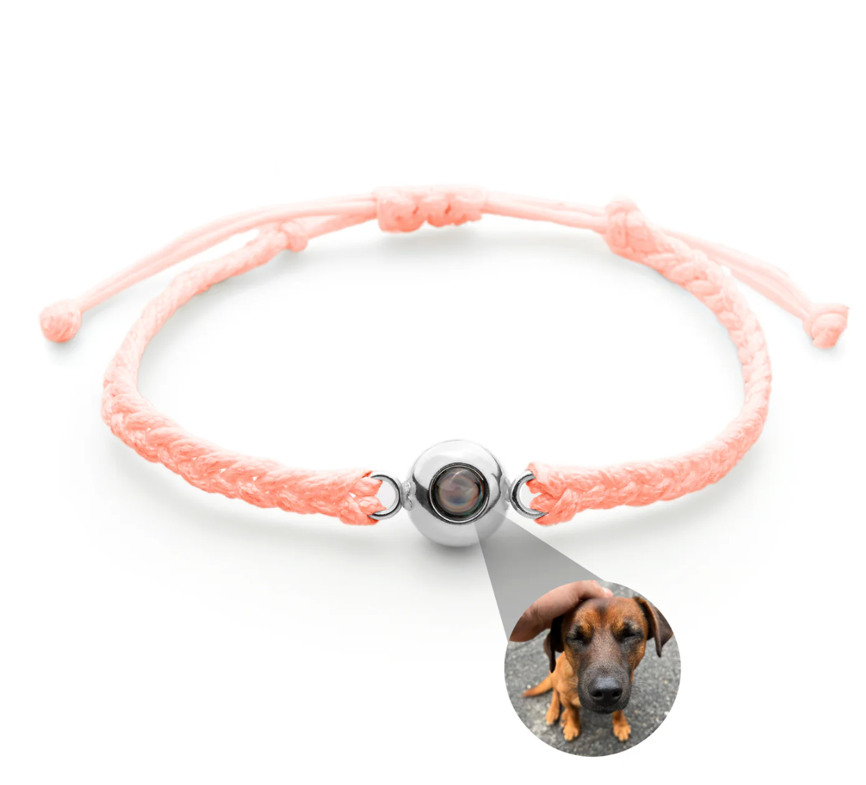 Photo projection bracelet — pink cord, silver lens