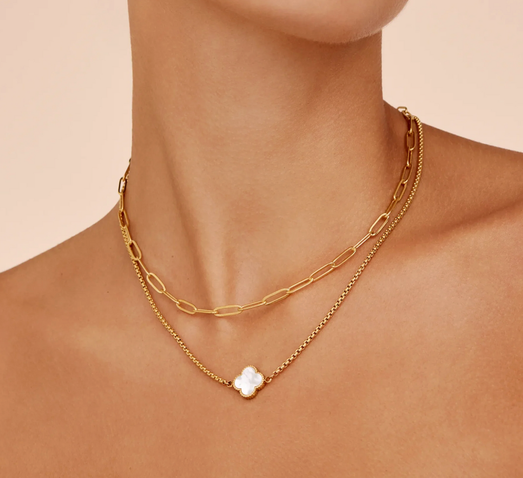 Mother-of-pearl clover necklace on a model